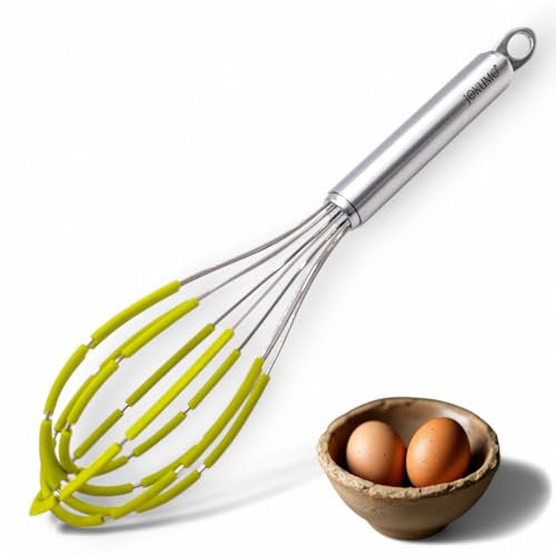 JOKUMO Balloon Silicone Egg Whisk with Spatula Scraper Wires, 18/10 Stainless Steel, Non-Stick Pan Safe, Ergonomic Tube Handle Perfect for Blending, Whisking, Beating and Stirring, 11 inch (Green)