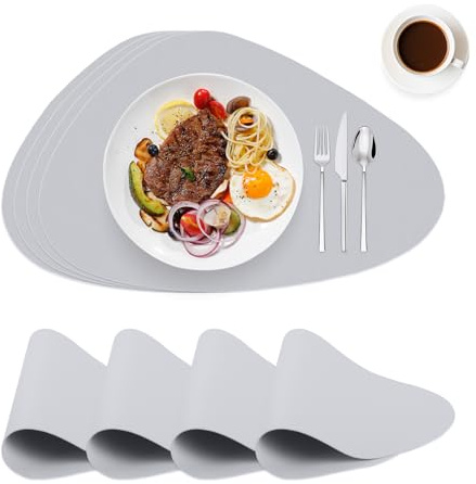 WearLegend Tischset Abwaschbar und Wasserdicht，Leder-Imitat Platzdeckchen Platzsets, rutschfeste Noppen-Unterseite & Schneidbar für Küche & Büro & Party (Grau, Oval-4er Set)
