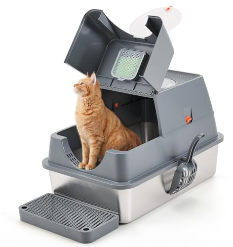 The Fellie Cat Litter Box Stainless Steel, Enclosed Cat Litter Tray, Kitten Litter Tray Detachable& Easy Clean, Metal LitterTray with Top Entry, Odor Control, with Filter, Scoop&Mat, 60x40x39cm,Grey