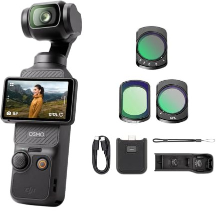 DJI Osmo Pocket 3 Bundle, vlog Kamera 4K mit 1-Zoll-CMOS und 4K/120 fps Video, 3-Achsen-Stabilisierung, digital Kamera, schnelles Scharfstellen (Filter 3-Set)