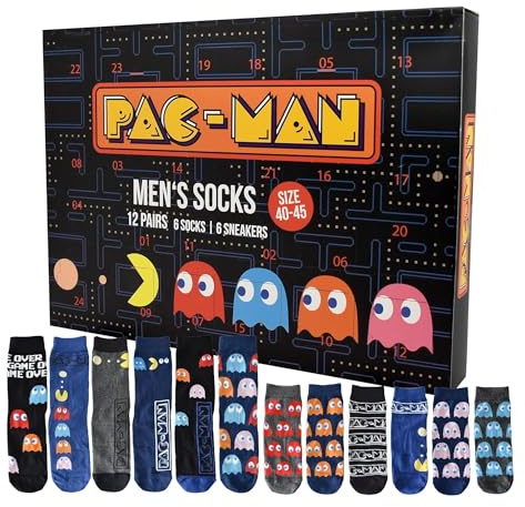 United Labels Pac-Man Adventskalender mit 12 Paar Socken für Herren, Größe 40-45, Kalender mit Sneaker und langen Socken, Weihnachtskalender Geschenk