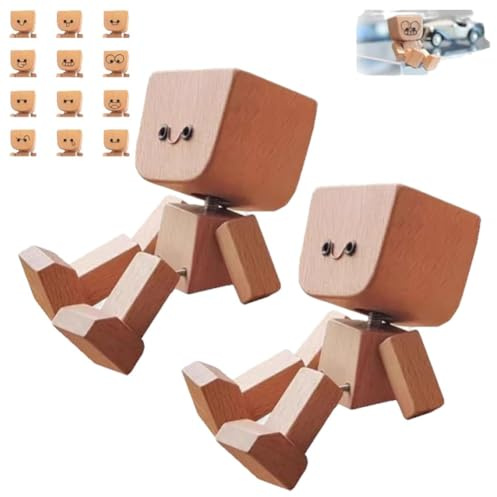 Figura in Legno con Gambe a Molla, Graziosa Piccola Figura in Legno Che Ondeggia con 12 Espressioni Magnetiche, Statuetta di Un Uomo Che Trema per Il Cruscotto Dell'auto, Giocattolo(2pcs)