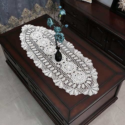 URROMA Napperon en dentelle au crochet avec bordure en dentelle creuse, lavable et antidérapante, pour salle à manger, cuisine, 30 x 90 cm, blanc