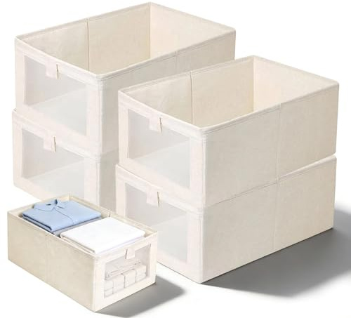 4er Set Faltbare Aufbewahrungsbox, 41 x 28 x 17 cm Ordnungsboxen Kleiderschrank mit Transparentem Sichtfenster Aufbewahrung Schrank Faltbox Wardrobe Organizer Box für Kleiderschrank Kleidung Spielzeug