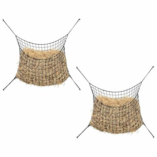 Lot de 2 Filets à Foin pour Chevaux, Sac à Foin Filet d'alimentation Filet de Nourriture Maillage 4,5 x 4,5 cm 2 pcs rond noir 75x50 cm PP