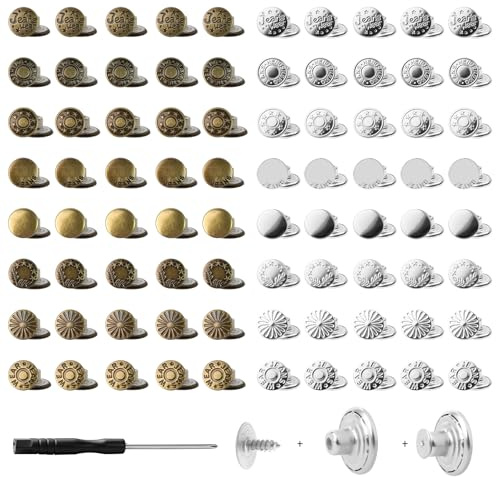 80Pcs 17mm Jeans Buttons Replacement Kit | 16 Styles, Removable Metal Buttons with Screwdriver, No Sew Reusable, For Jeans, Jackets, Clothing, Bags & Denim Repair