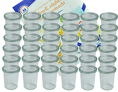 MamboCat 36er Set Weck Gläser 160 ml Sturzgläser mit 36 Glasdeckeln incl. Diamant-Zucker Gelierzauber Rezeptheft I Original Weck Sturzglas Dessertglas I Einweckgläser mit Deckel für Kuchen Gelees