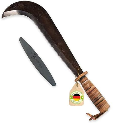 4betterdays.com Handgeschmiedetes Schweizer Gertel mit Ledergriff inkl. Gratis Schleifstein - Staudensichel, Handsichel, Sichel Garten, Sichelmesser/made in Germany