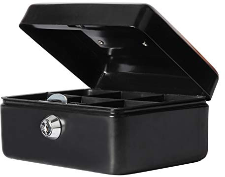 Small Cash Box with Key Lock, Parrency Portable Metal Money Box with Double Layer & 2 Keys for Security, 6 1/5 x 5 x 3, Black