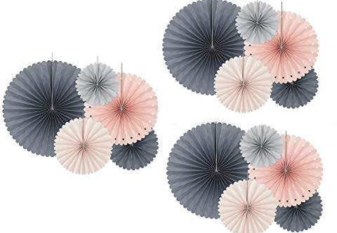 RiloStore 15 teiliges DEKO-Set Rosetten rosa grau Weiss Pastell Rosette Pompoms Herzen Hochzeit Hängedekoration Raumdeko Hochzeitsdeko Partydeko Seidenpompoms Lampions Hängedekoration Laternen
