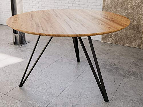 SAM Runder Esszimmertisch 110 cm Insa, Esstisch naturfarben, Akazienholz massiv, schwarzer Metallfuß, Tischplatte mit Schweizer Kante