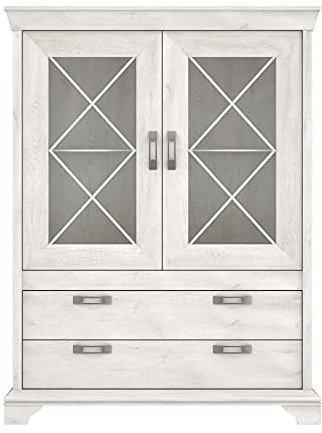 FORTE Kashmir Vitrine mit 2 Glastür und 2 Schubladen, Holzwerkstoff, Pinie Weiß Dekor, 48,2 x 123 x 210,3 cm