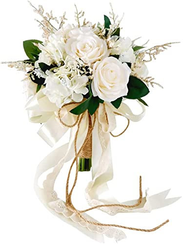 YYHH Bouquets De Mariée De Mariage, Fleurs Artificielles De Rose Blanche, Bouquet De Mariée Romantique avec Ruban De Satin De Perles De Cristal pour Les Mariages, Décoration De La Maison, Cadeaux