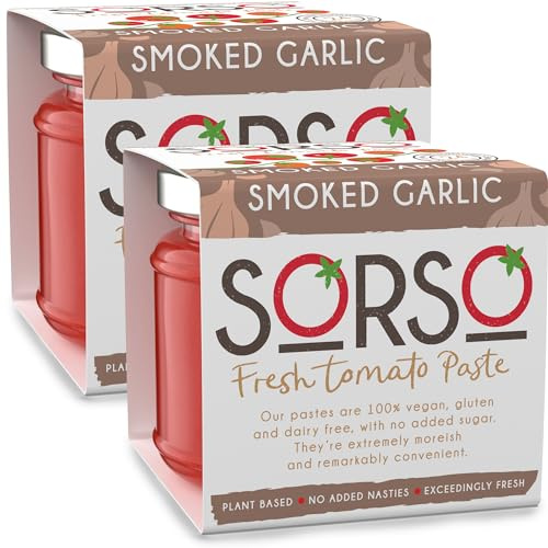 SORSO Smoked Garlic Tomato Paste 2x220g | Vegan, No Added Sugar, Gluten-Free | Natural Italian Recipe | Made in London | Use for Pizza, Pasta, Ketchup, Dip or Soup | 24kcal - 98% Vine Tomatoes