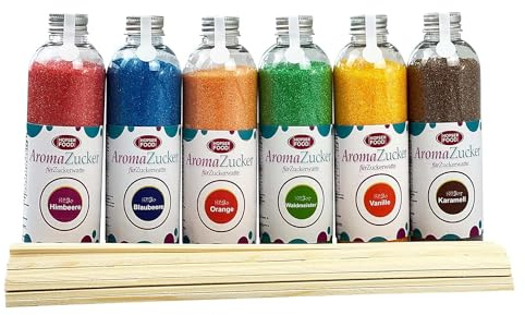Set de fête 6 x 230 g - Sans sucre AZO - Pour machine à barbe à papa - Avec 100 tiges de barbe à papa (bleue/framboise/vanille/caramel/maître de forêt/orange)