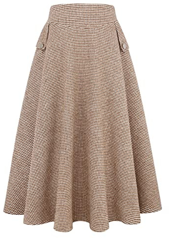 Womens Fall Winter 2022 Fashion Clothes High Waist Pleated Long Maxi Wool Plaid Skirts(Camel, M)