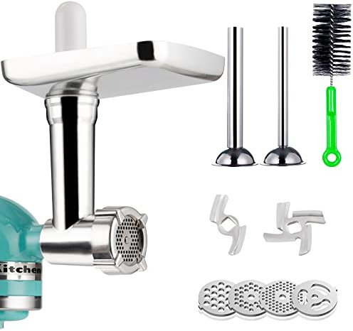 Lebensmittelmühle-Aufsatz für KitchenAid Standmixer, Edelstahl-Fleischwolf-Aufsatz inklusive 2 Wurstfüllröhrchen, 2 Schleifklingen, 4 Schleifplatten für Fleischsoße, spülmaschinenfest