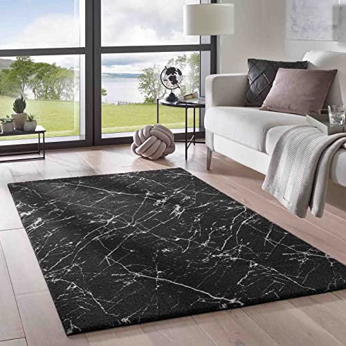 Taracarpet Teppich Supersoft Kurzflor-Teppich Valetta Marmor Blitz modern marmoriert waschbar für Wohnzimmer Schlafzimmer Jugendzimmer Badezimmer aus Polyester schwarz-weiß 200x290 cm