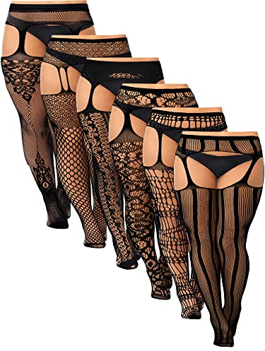 Skylety 6 Pairs Women Fishnet Suspender Pantyhose Thigh-High Stockings Tights Stretchy High for Halloween Party Dress up (Black Tie, X-Large-XX-Large)