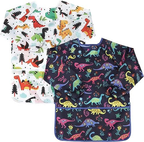 Malkittel Kinder 2Stk Dinosaurier Malschürze Kinder Wasserdicht Malerkittel Bastelschürze Zeichenkittel Kunstkittel Schürze Malen Langarm mit Taschen Malschurze Polyester für Kinder 3-7 jahre (Dino)