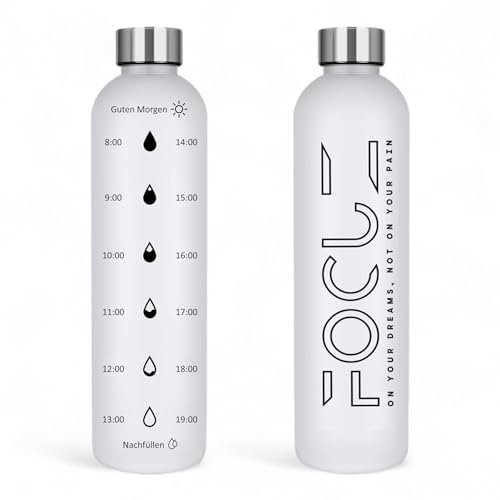 FOCUZ Motivational Bottle 1 L mit motivierender Zeitmarkierung, Trinkflasche 1l, 1 Liter - auslaufsicher, BPA frei, spülmaschinenfest, Kohlensäure geeignete Wasserflasche für Sport, Freizeit, Büro