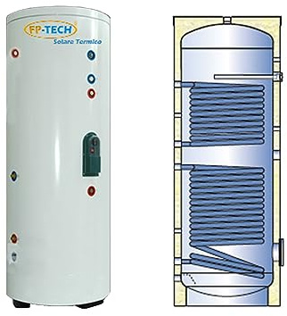 FP-TECH - BOILER PUFFER ACCUMULO ACQUA CALDA DOPPIA SERPENTINA DA 250 O 500 LITRI PER SOLARE TERMICO CIRCOLAZIONE FORZATA (250 Litri Doppia Serpentina)