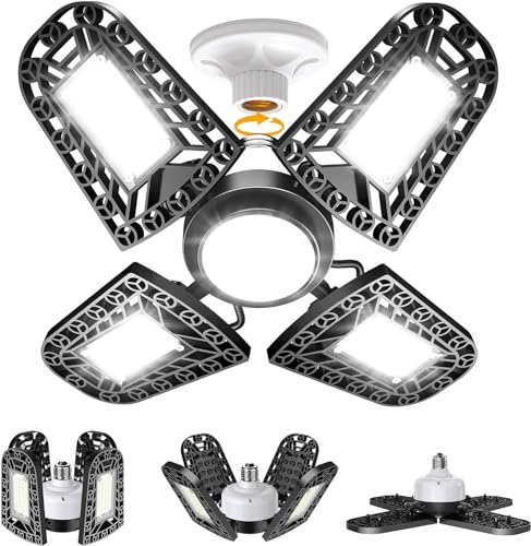 Lámpara de Garaje, 200W 6000k Lámpara de Techo de Taller, Con 4 + 1 ala de Aluminio, Led Garage 120 Grados de ángulo Amplio Ajustable, Iluminación de Taller, para Garaje,Almacén,Oficina,Sótano (Negro)