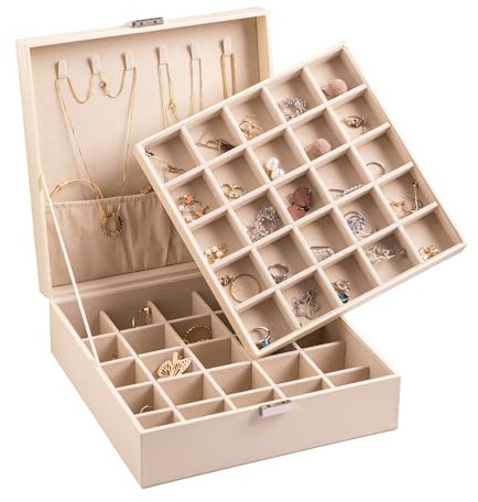 Frebeauty Earring Organizer Classic Jewelry Box 50 Slots Double Layer Jewelry Storage Case with 6 Necklace Hook and Bracelet Pocket(Beige)