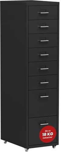 [en.casa] Rullbehållare Kökar lådskåp metall arkivskåp med 8 lådor kontorsvagn med hjul för arbetsrum 109 x 28 x 41 cm svart