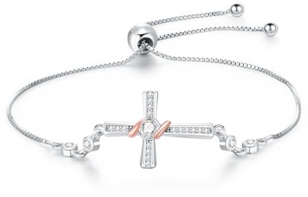 VONALA Pulsera de cruz de plata de ley con eslabones cruzados, joyería religiosa cristiana, regalos para mujeres y niñas