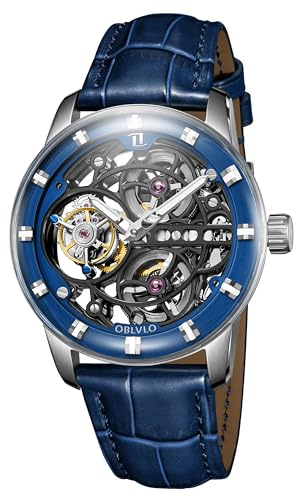 OBLVLO Top Brand di Lusso Cava Impermeabile Orologio Meccanico Gent Gent Cuoio Genuino Vetro Zaffiro Tourbillon Vento Manuale-Uomo Orologi IM-SK-B-, IM-SK-B-TB-YLL, moderno