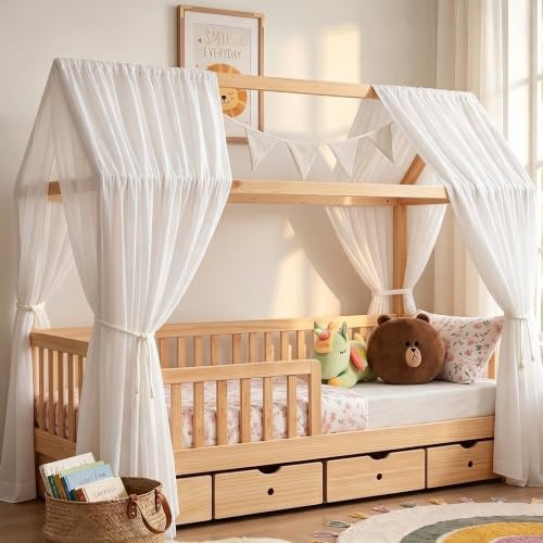 iLuane Hausbett Himmel aus 100% Baumwolle Musselin – Stoffhimmel Deko | Vorhang - Hausbett Dekoration für Mädchen & Jungen - Stoffhimmel Hausbett für 90x200 & 120x200 Kinderbetten