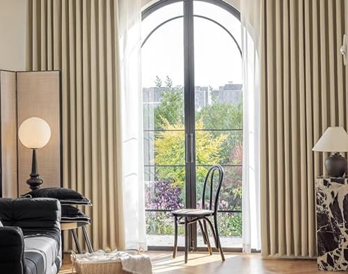 Gualiy Gardinen Blickdicht 2er Set Ösen, Verdunklungsvorhänge Schlafzimmer Einfarbig Plissee Struktur Fenstervorhänge B 107 x H 132 cm Vorhänge Wohnzimmer, Beige