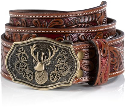 Schöneberger Trachten Couture Herren Trachtengürtel, Leder handgefertigt - Unikat Ledergürtel mit Hirsch Schnalle - hand-geschnitzter Lederhosen-Gürtel Valentin