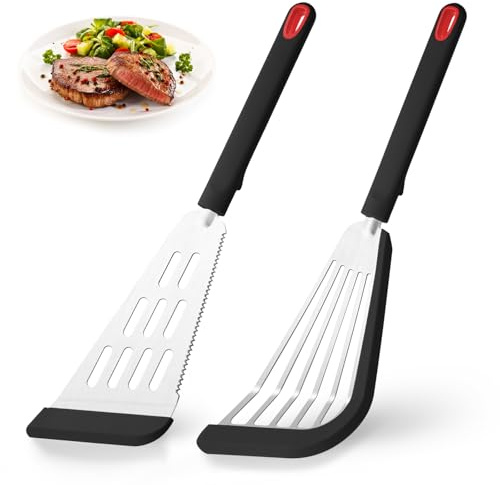 2-Piece Silicone Fish Spatula for Nonstick Cookware,Thin Slotted Turner | Heat Resistant Silicone Slotted Fish Spatulas,Stainless Steel Slotted Fish Turner Spatula,Flexible Flipper for Eggs,Pancakes