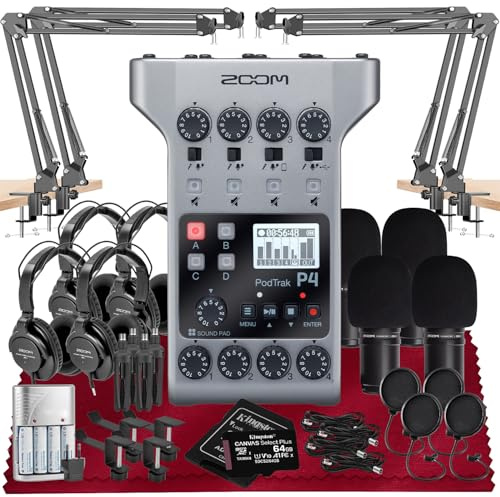 Zoom PodTrak P4 Portable Multitrack Podcast-Recorder, Audio-Schnittstelle w/ 4 Mikroeingänge, 4 Kopfzeileausgänge mit 64GB SD, 4X Zoom Podcast Mic Pack, 4X Pop-Filter Set, 4AA wiederaufladbare