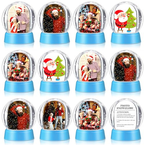 Wettarn 12 Pcs DIY Crafts Clear Plastic Mini Snow Globes with Base Liquid Photo Frame for Christmas Xmas Family Friends Thanksgiving Gifts Tabletop Display (Blue)