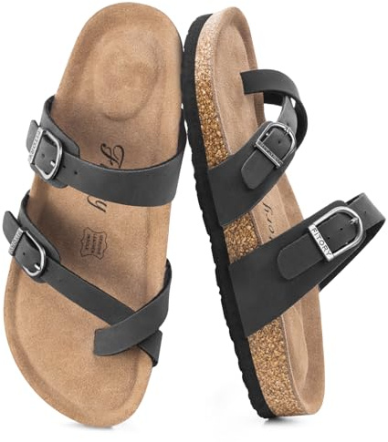 FITORY Women's Slide Sandals with Soft Cork Footbed, Comfort Arch Support Flat Sandals for Summer Matte Black Size 6