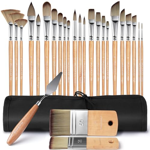Fuumuui Juego de 26 pinceles de pintura acrílica profesional, gama completa de tamaños con mango corto mejorado, ancho plano y cuchillo de paleta para acrílico, óleo, acuarela, gouache