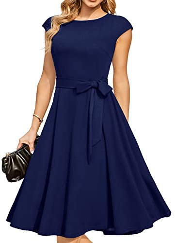 DRESSTELLS Cocktail Dresses for Women UK, Summer Formal Wedding Guest Graduation Prom Vintage Tea Party Modest Casual Dress 2026 Navy L