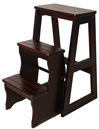 Step Ladder Stool,Folding Solid Wood Ladder Stool, Folding Wooden Ladder Chair for Adults, 3 Step Solid Wood Step Stool, Portable Convertible Chair for Home, Office, Kitchen, Outdoor Use(Black,64cm(25