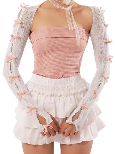 Sacina White Pink Bow Shrug, Floral Lace Shrug, Lace Sleeves, Gothic Emo Grunge Y2k Aesthetic Accessories