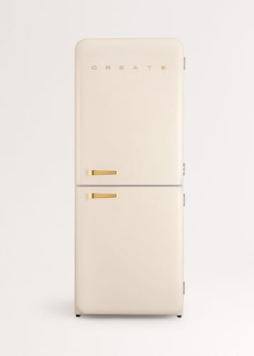 CREATE /RETRO FRIDGE COMBI 185 GOLD/Réfrigérateur combiné blanc cassé avec poignée dorée et congélateur 401L / 190W, système No Frost, 3 étagères, 2 tiroirs, 70x65x185 cm
