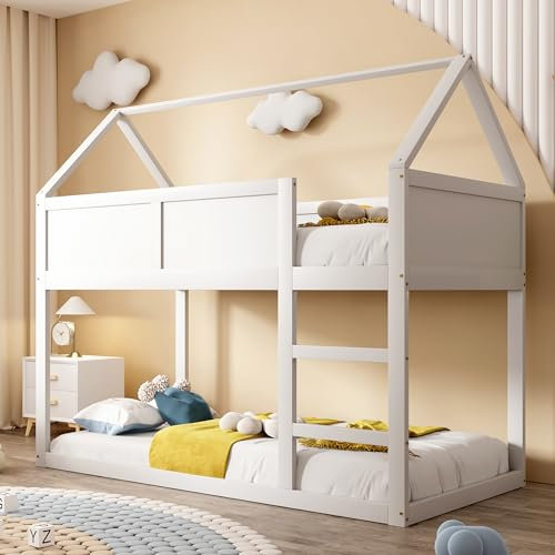 Moimhear Litera infantil, 90 x 200 cm, cama individual baja, cama alta con escalera, marco de madera maciza (blanco)