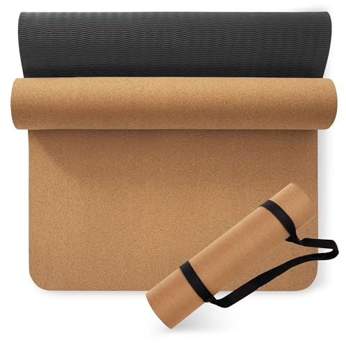 Hochwertige Yogamatte aus Kork, 1/4 und 2/5 Zoll dick, 183 x 66 cm, dicker Kork und TPE, rutschfeste Yogamatten für Damen und Herren, schweißfest, umweltfreundlich, ideal für Hot Yoga und Workouts