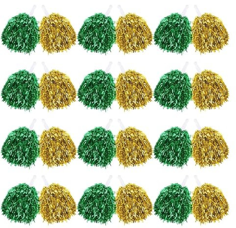 Cheerleader-Pompons mit Griff, 20 g, Cheerleader-Pompons für Party, Dekorateur, Club, Sport, Jubelball für Erwachsene und Kinder, Grün und Gold, 36 Stück, 12–200 Stück