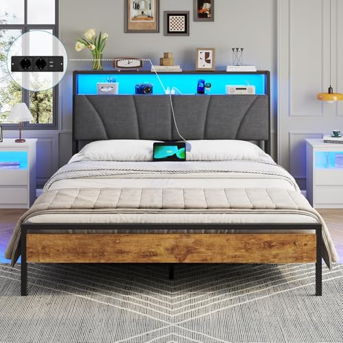 Brinlawb Letto Imbottito 140x190 cm, Struttura letto con Luce LED e Stazione di Ricarica (2 Prese CA 2 Porte USB) Letto Matrimoniale con testiera e pediera, Facile da montare, Moderno, Nero e Grigio