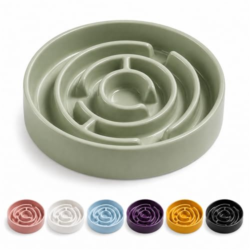 Slow Feeder Dog Bowls, Ceramic Dog Bowl with Anti-Slip, Slow Feeder & Non-Slip Design, Boredom and Anxiety Reducer, Suitable for All Breed Dogs and Cat(Ceramic-Green) | Glazed ceramic maze bowl with 1.5-cup capacity for dry or wet food, sized for small and medium dogs