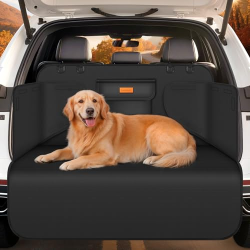 Looxmeer Protezione Bagagliaio Auto per Cani, Telo Auto per Cani con Tasca, Protezione Laterale e Paraurti, Impermeabile Antistrappo Antiscivolo, Universale per Auto, SUV, 183 x 104 cm, Nero(Leggero)