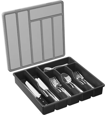 Range-couverts avec couvercle, rangement à couverts pour tiroir de cuisine et plan de travail, range-couverts pour tiroirs en plastique pour cuillères, fourchettes, couteaux, 6 compartiments, noir